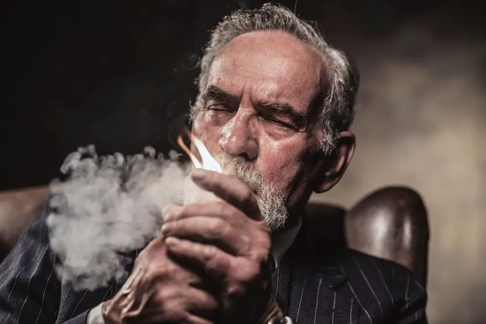 In chair sitting characteristic senior business man. Smoking cigar. Gray hair and beard wearing blue striped suit and tie. Against brown wall.