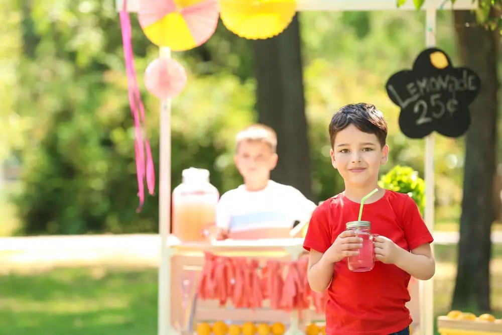Adorable little boy with jar of homemade lemonade in park
