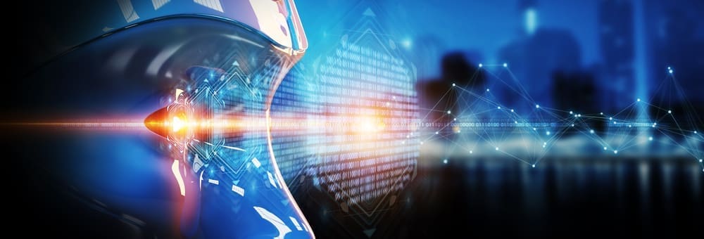 Cyborg head using artificial intelligence to create digital inte